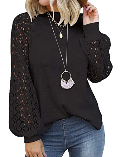 MIHOLL Women's Long Sleeve Tops Lace Casual Loose Blouses T Shirts (Black, Large)