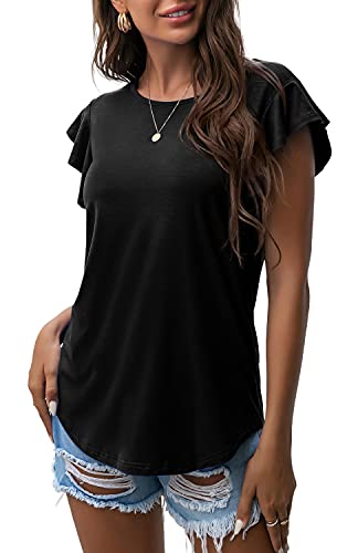 PrinStory Summer Ruffle Short Sleeve Knit Tunic Tops Shirts Tank Tee Blouse For Women Black US Large
