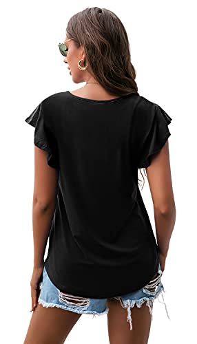 PrinStory Summer Ruffle Short Sleeve Knit Tunic Tops Shirts Tank Tee Blouse For Women Black US Large