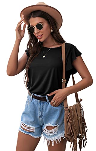 PrinStory Summer Ruffle Short Sleeve Knit Tunic Tops Shirts Tank Tee Blouse For Women Black US Large