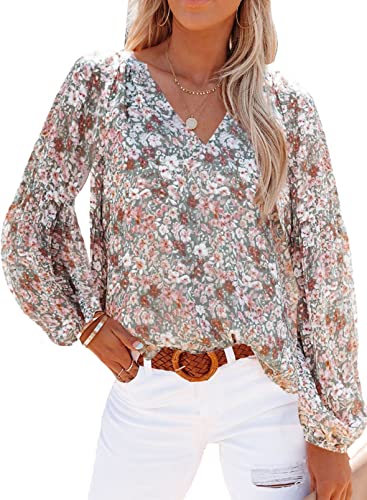 SHEWIN Womens Floral V-Neck Boho Top, US 12-14(L), Casual Long Sleeve Loose Fit, Multicolor