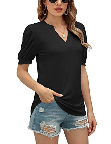 Romanstii Women's Classic-Fit Short Sleeve V-Neck T-Shirt,Black,L