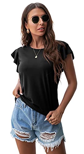 PrinStory Summer Ruffle Short Sleeve Knit Tunic Tops Shirts Tank Tee Blouse For Women Black US Large