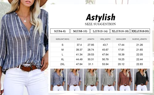 Astylish Womens Casual Striped Button Down Henley Shirts Collared Blouses for Business Blue Medium
