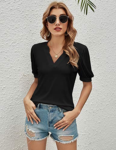 Romanstii Women's Classic-Fit Short Sleeve V-Neck T-Shirt,Black,L