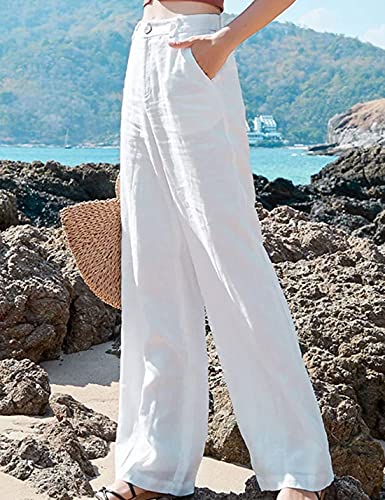 Hooever Womens Casual High Waisted Wide Leg Pants Button Up Straight Leg Trousers (White, M)