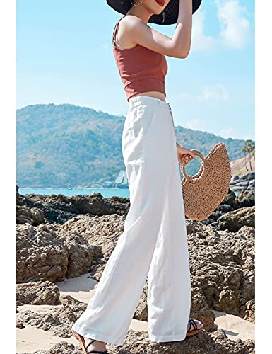 Hooever Womens Casual High Waisted Wide Leg Pants Button Up Straight Leg Trousers (White, M)