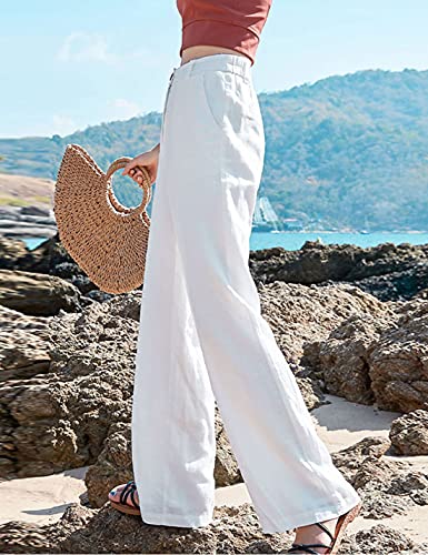 Hooever Womens Casual High Waisted Wide Leg Pants Button Up Straight Leg Trousers (White, M)