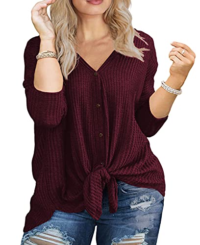 OLRIK Womens Plus Size Tops Long Sleeve V Neck Waffle Knit Tunic Blouse Tie Front Button Up T Shirts Wine Red-2X Plus