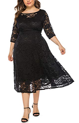 Eternatastic Womens Scooped Neckline Floral lace Top Plus Size Cocktail Party Midi Dress 4XL Black