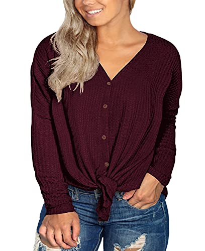 OLRIK Womens Plus Size Tops Long Sleeve V Neck Waffle Knit Tunic Blouse Tie Front Button Up T Shirts Wine Red-2X Plus