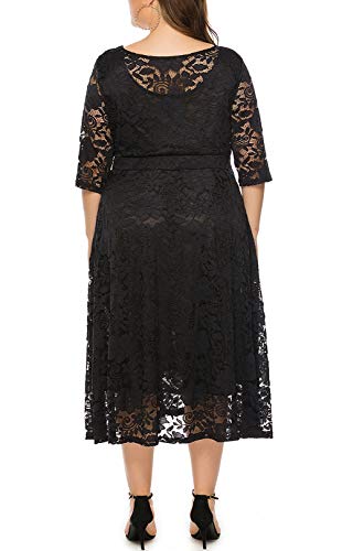 Eternatastic Womens Scooped Neckline Floral lace Top Plus Size Cocktail Party Midi Dress 4XL Black