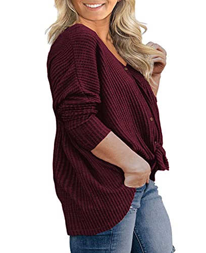 OLRIK Womens Plus Size Tops Long Sleeve V Neck Waffle Knit Tunic Blouse Tie Front Button Up T Shirts Wine Red-2X Plus