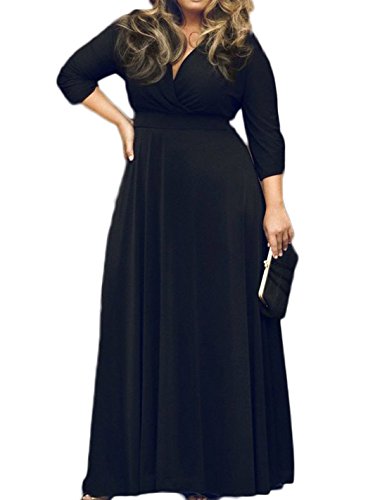 POSESHE Women's Solid V-Neck 3/4 Sleeve Plus Size Evening Party Maxi Dress Black X-Large