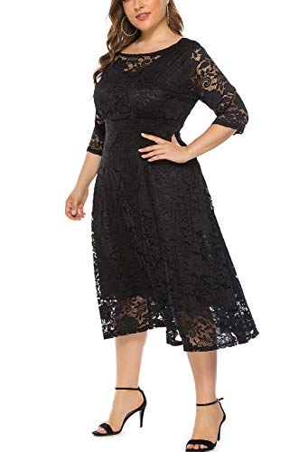 Eternatastic Womens Scooped Neckline Floral lace Top Plus Size Cocktail Party Midi Dress 4XL Black