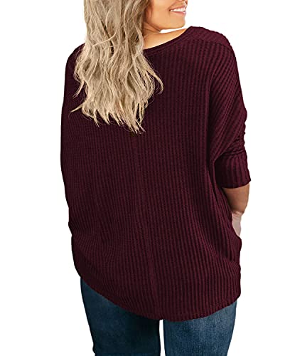 OLRIK Womens Plus Size Tops Long Sleeve V Neck Waffle Knit Tunic Blouse Tie Front Button Up T Shirts Wine Red-2X Plus