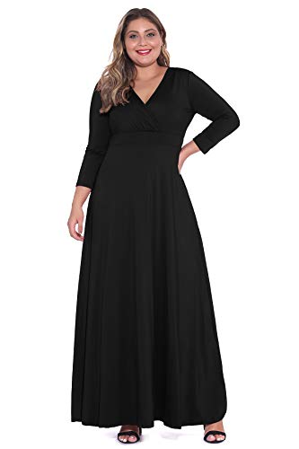 POSESHE Women's Solid V-Neck 3/4 Sleeve Plus Size Evening Party Maxi Dress Black X-Large