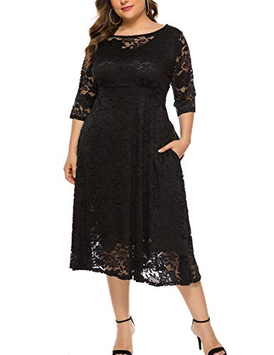 Eternatastic Womens Scooped Neckline Floral lace Top Plus Size Cocktail Party Midi Dress 4XL Black