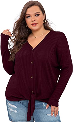 OLRIK Womens Plus Size Tops Long Sleeve V Neck Waffle Knit Tunic Blouse Tie Front Button Up T Shirts Wine Red-2X Plus