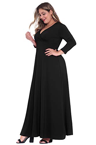 POSESHE Women's Solid V-Neck 3/4 Sleeve Plus Size Evening Party Maxi Dress Black X-Large