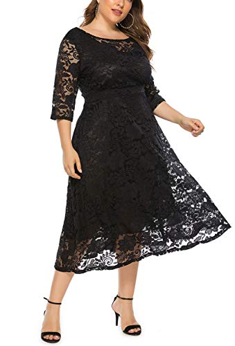 Eternatastic Womens Scooped Neckline Floral lace Top Plus Size Cocktail Party Midi Dress 4XL Black