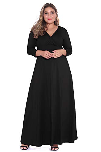 POSESHE Women's Solid V-Neck 3/4 Sleeve Plus Size Evening Party Maxi Dress Black X-Large