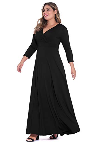 POSESHE Women's Solid V-Neck 3/4 Sleeve Plus Size Evening Party Maxi Dress Black X-Large