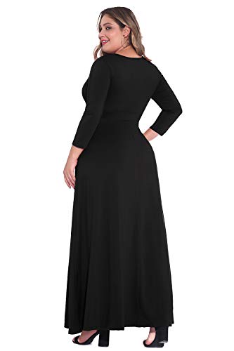 POSESHE Women's Solid V-Neck 3/4 Sleeve Plus Size Evening Party Maxi Dress Black X-Large
