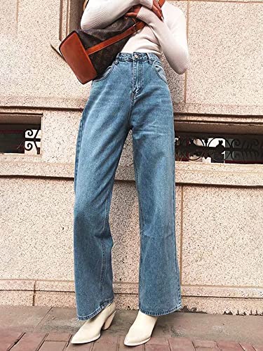 HDLTE Women Wide Leg Jeans Junior High Waist Baggy Jeans Loose Boyfriends Jeans Blue Washed