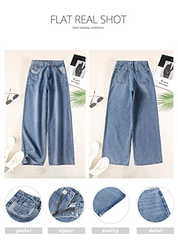 HDLTE Women Wide Leg Jeans Junior High Waist Baggy Jeans Loose Boyfriends Jeans Blue Washed