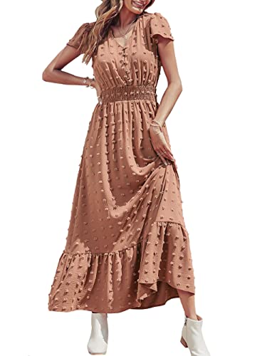 PRETTYGARDEN Womens Boho Dress Short Sleeve V Neck Ruffle Tiered Maxi Dress Swiss Dot Smocked Dress Beach Flowy Long Dress(X-Large, Brown)