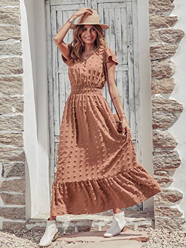 PRETTYGARDEN Womens Boho Dress Short Sleeve V Neck Ruffle Tiered Maxi Dress Swiss Dot Smocked Dress Beach Flowy Long Dress(X-Large, Brown)
