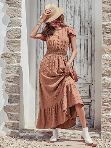 PRETTYGARDEN Womens Boho Dress Short Sleeve V Neck Ruffle Tiered Maxi Dress Swiss Dot Smocked Dress Beach Flowy Long Dress(X-Large, Brown)