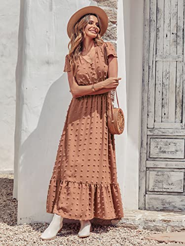 PRETTYGARDEN Womens Boho Dress Short Sleeve V Neck Ruffle Tiered Maxi Dress Swiss Dot Smocked Dress Beach Flowy Long Dress(X-Large, Brown)