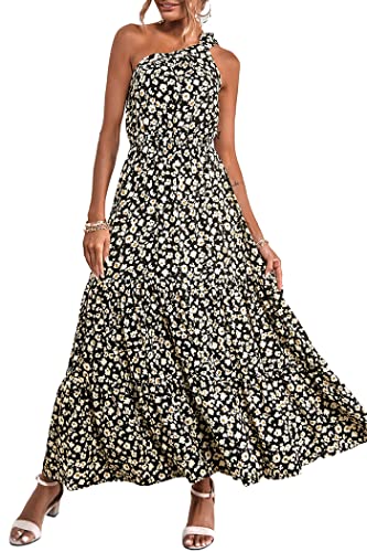 PRETTYGARDEN Women's Floral Summer Dress 2023 Knot One Shoulder Sleeveless Ruffle Hem Flowy Boho Maxi Dresses(Black,Medium)