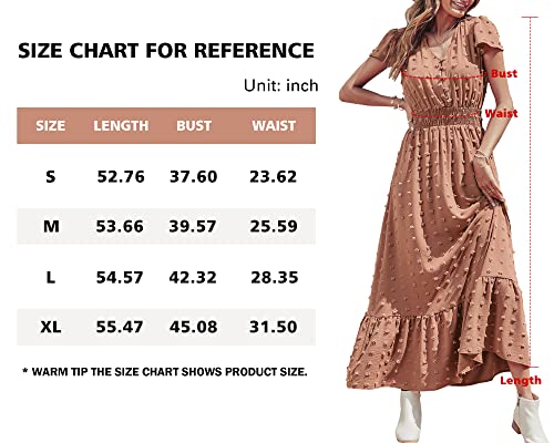 PRETTYGARDEN Womens Boho Dress Short Sleeve V Neck Ruffle Tiered Maxi Dress Swiss Dot Smocked Dress Beach Flowy Long Dress(X-Large, Brown)