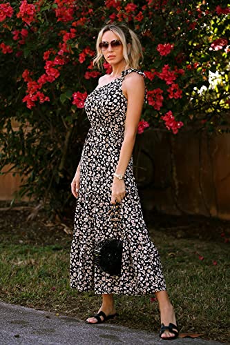 PRETTYGARDEN Women's Floral Summer Dress 2023 Knot One Shoulder Sleeveless Ruffle Hem Flowy Boho Maxi Dresses(Black,Medium)