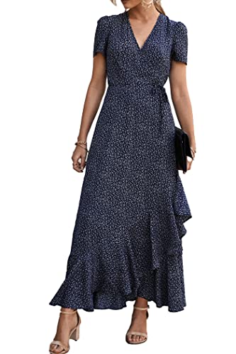 PRETTYGARDEN Women's Summer Wrap Maxi Dress Casual Boho Floral V Neck Short Sleeve Ruffle Hem Split Beach Long Dresses (Blue,X-Large)
