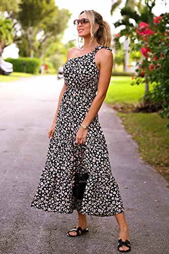 PRETTYGARDEN Women's Floral Summer Dress 2023 Knot One Shoulder Sleeveless Ruffle Hem Flowy Boho Maxi Dresses(Black,Medium)