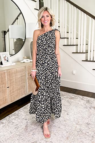 PRETTYGARDEN Women's Floral Summer Dress 2023 Knot One Shoulder Sleeveless Ruffle Hem Flowy Boho Maxi Dresses(Black,Medium)