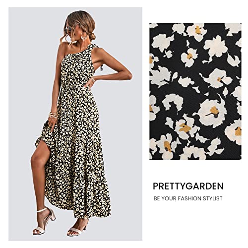 PRETTYGARDEN Women's Floral Summer Dress 2023 Knot One Shoulder Sleeveless Ruffle Hem Flowy Boho Maxi Dresses(Black,Medium)