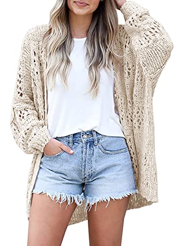 Mafulus Women's Crochet Cardigan Kimono Boho Long Sleeve Lightweight Soft Oversized Open Front Knitted Sweater Beige