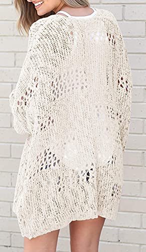 Mafulus Women's Crochet Cardigan Kimono Boho Long Sleeve Lightweight Soft Oversized Open Front Knitted Sweater Beige