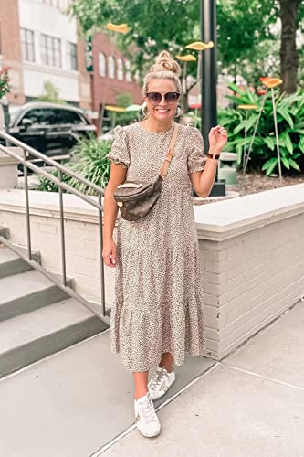 PRETTYGARDEN Women's Summer Casual Boho Dress Floral Print Ruffle Puff Sleeve High Waist Midi Beach Dresses (Apricot,Medium)