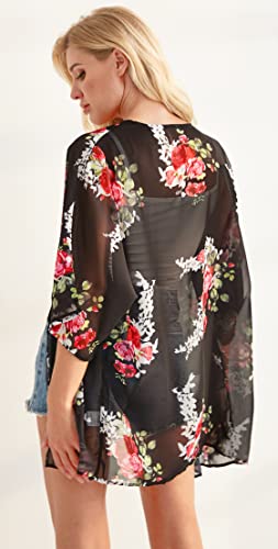 Women's Floral Print Short Sleeve Shawl Chiffon Kimono Cardigan Casual Blouse Tops(Black L)