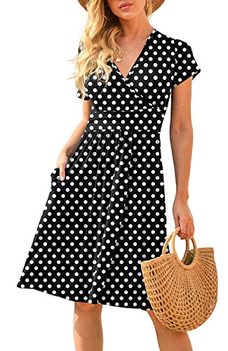 LILBETTER Women's Modest Polka Dots Swing Casual Dress with Pocket Dot Black Large