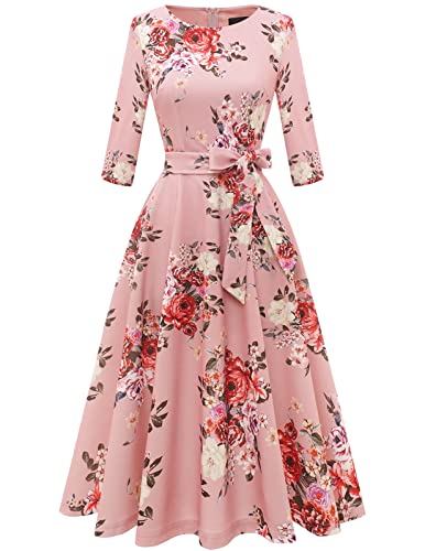 DRESSTELLS Vintage Tea Dress for Women, 50s Floral Cocktail Party Dresses, Modest Bridesmaid Dress for Wedding Guest, 3/4 Sleeves Formal Aline Church Dress, Fit Flare Prom Dress Blush Flower M