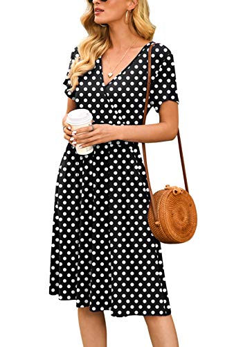LILBETTER Women's Modest Polka Dots Swing Casual Dress with Pocket Dot Black Large