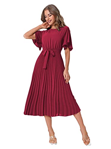 Milumia Women's Elegant Belted Pleated Flounce Sleeve Long Dress Burgundy Medium