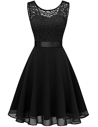BeryLove Prom Formal Dresses for Women 2023 Wedding Guest Short Bridesmaid Dress Sleeveless Flowy Homecoming Dresses for Teens Elegant Floral Lace A Line Cocktail Party Girls Dresses 05 Black M